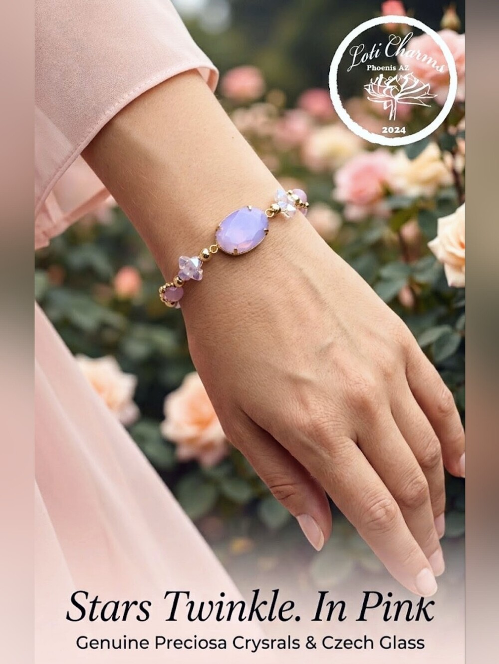 Twinkling Preciosa Pink Opal AB in Feminine & Dainty Crystal & Glass Bracelet